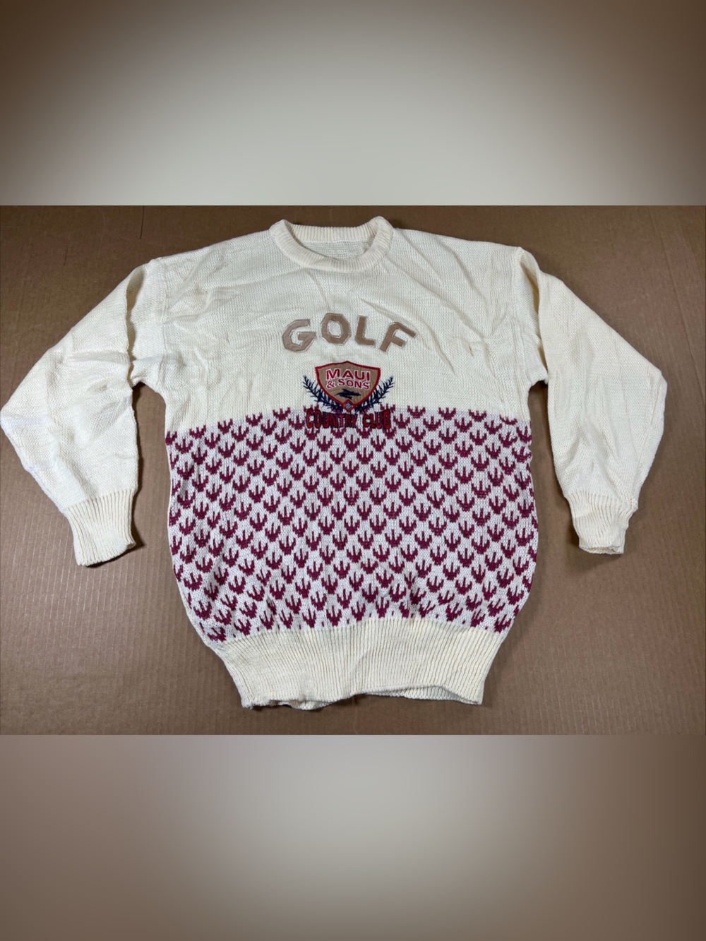 Vintage Maui and Sons Country Club Golf Knit Sweater White Pattern 90s Mens M